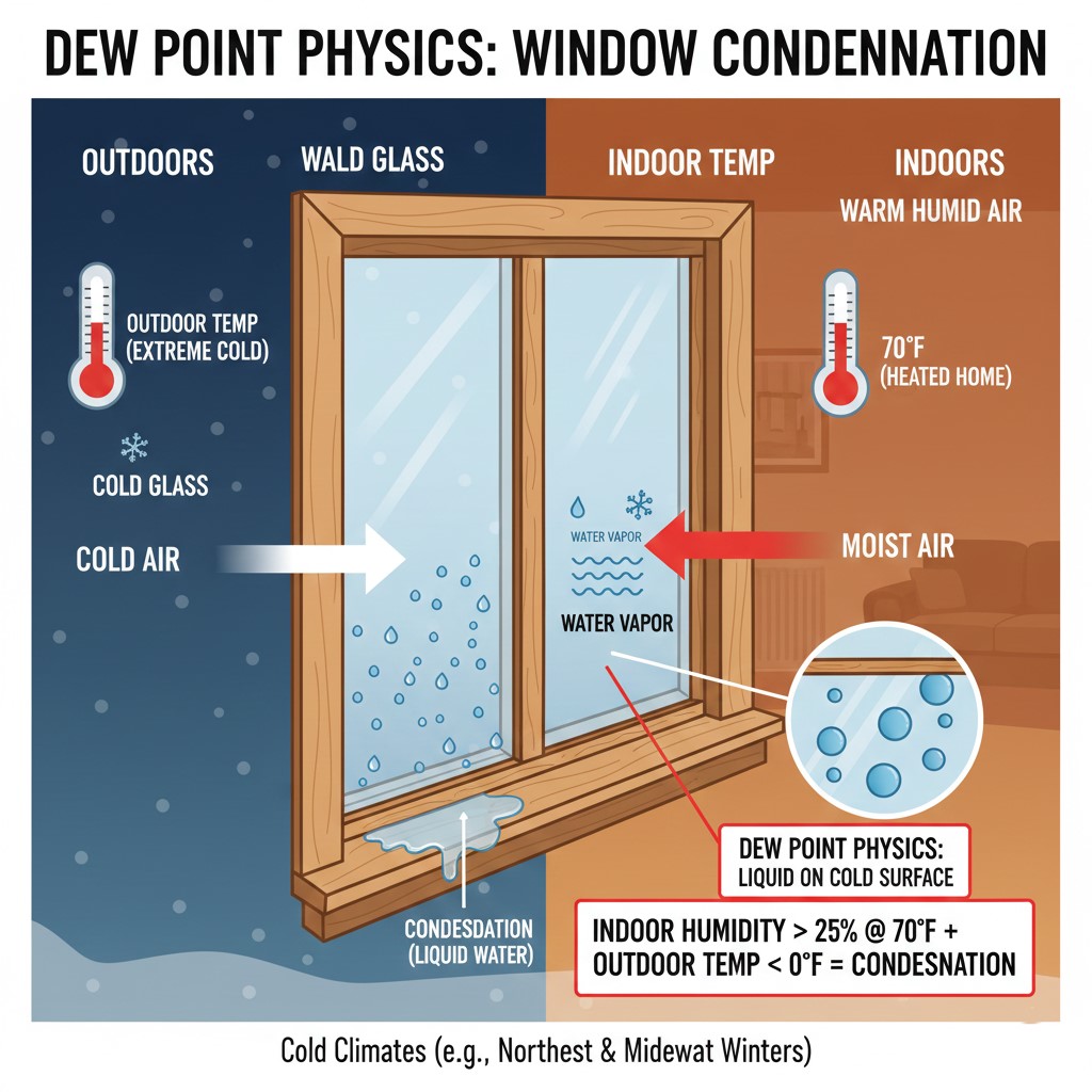 Diagram showing the dew point physics of window condensation in winter
