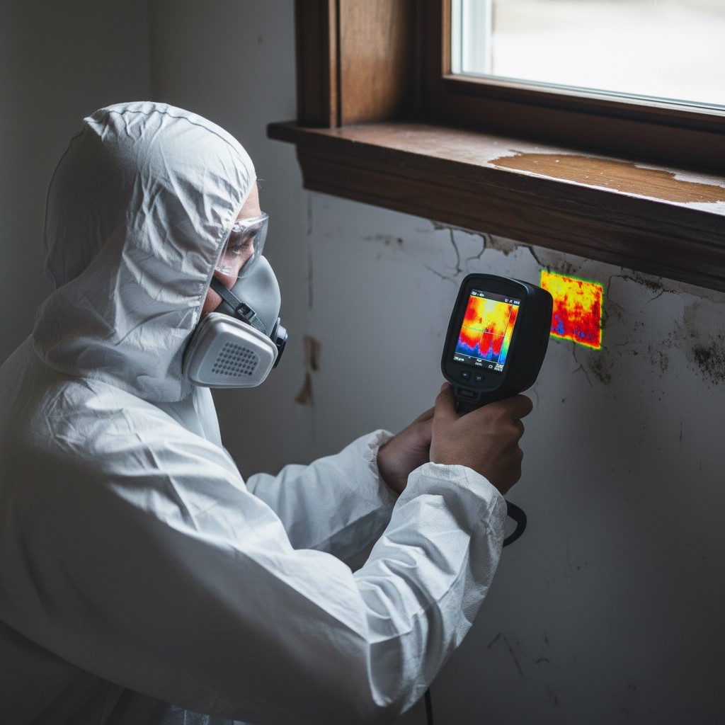 Professional mold remediation specialist using thermal imaging to detect hidden moisture under a window.