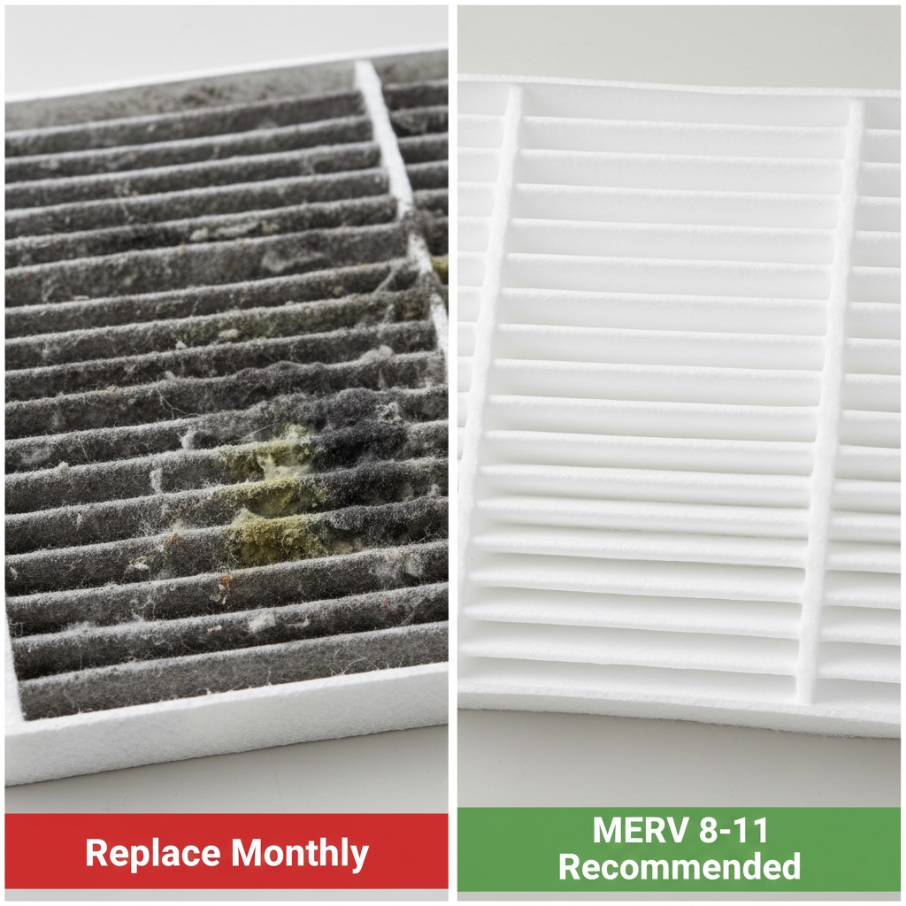 Comparison of dirty moldy AC filter versus new MERV-11 pleated filter for black mold prevention