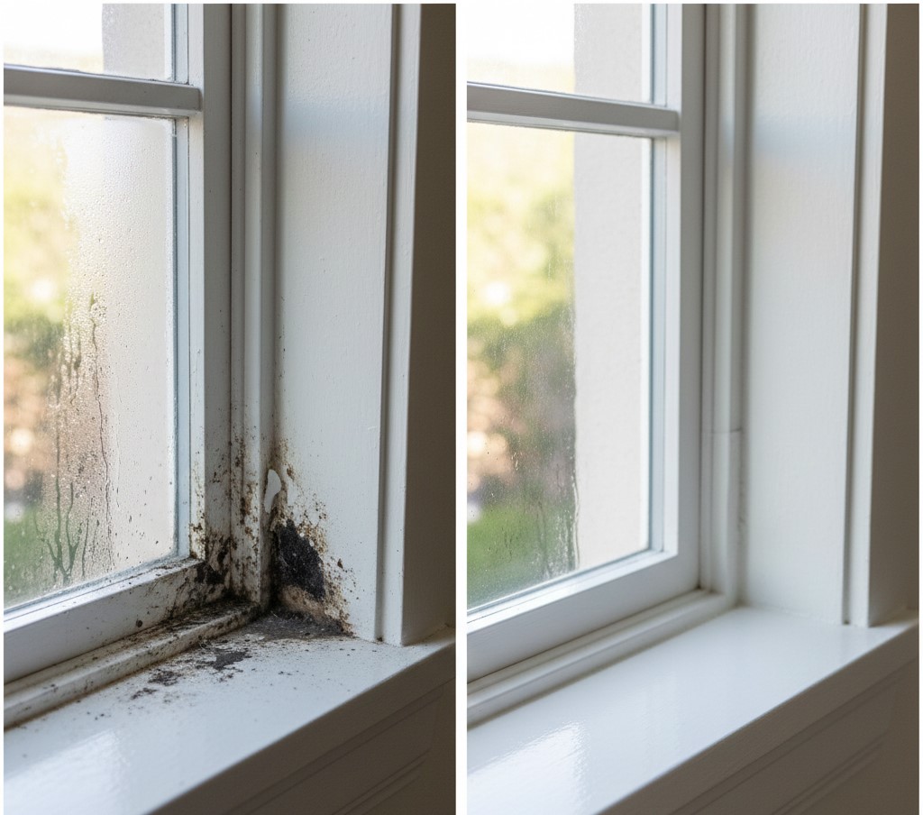 Before and after professional mold remediation showing window sill transformation from black mold contamination to clean sanitized surface