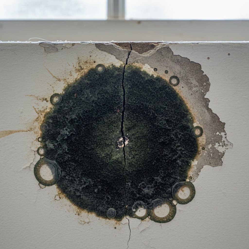 Close-up of a large circular patch of dark green and black mold growth on a cracked, water-damaged white wall below a window.