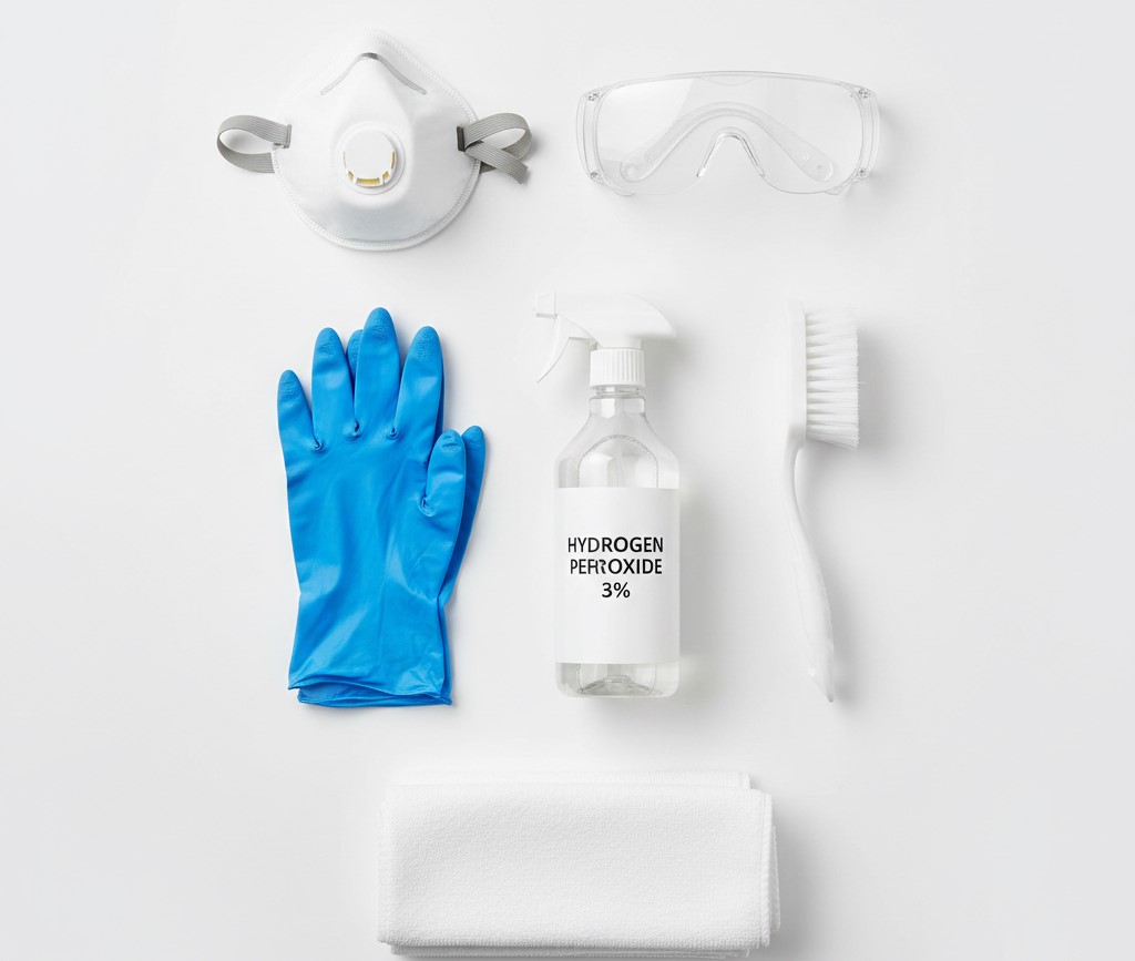 Essential personal protective equipment for safe DIY black mold removal including N-95 respirator and cleaning supplies