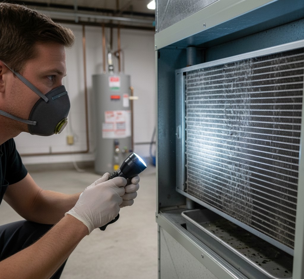 HVAC technician inspecting black mold contamination on evaporator coil and drain pan in residential air handler