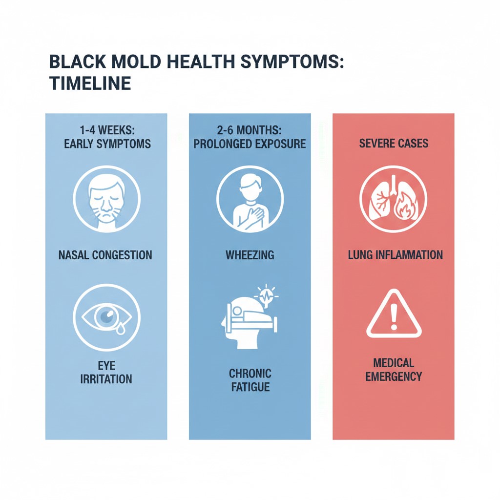 Black mold exposure symptoms timeline from early warning signs to severe health complications