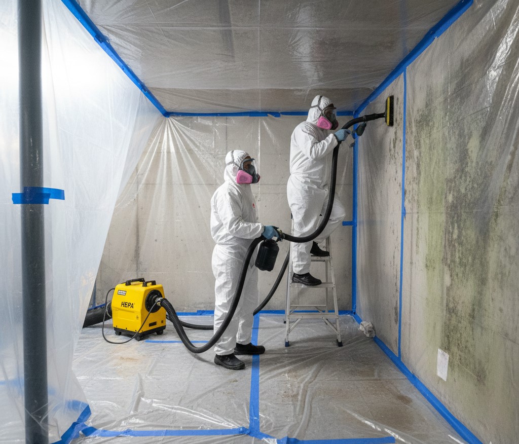 Professional mold remediation team in full protective gear using HEPA filtration and containment barriers during black mold removal in California home