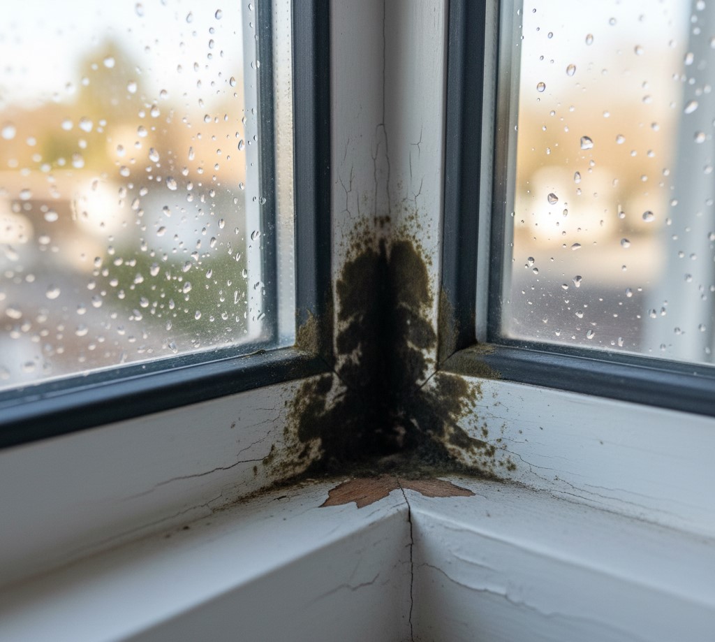Black mold contamination on window sill and rubber weatherstripping from condensation in California home